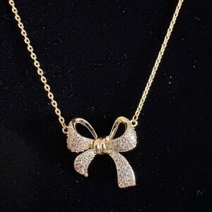 14k Gold Plated Pave Bow Pendant Necklace 16” NEW